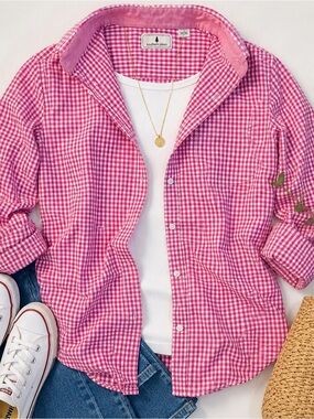 Southern Pines Pink Gingham Button Down Shirt Medium Preppy Coastal Grandma EUC
